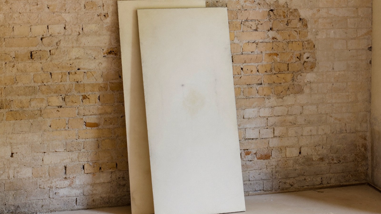 Paneles rígidos de aislamiento apoyados contra una pared de ladrillo visto en obra