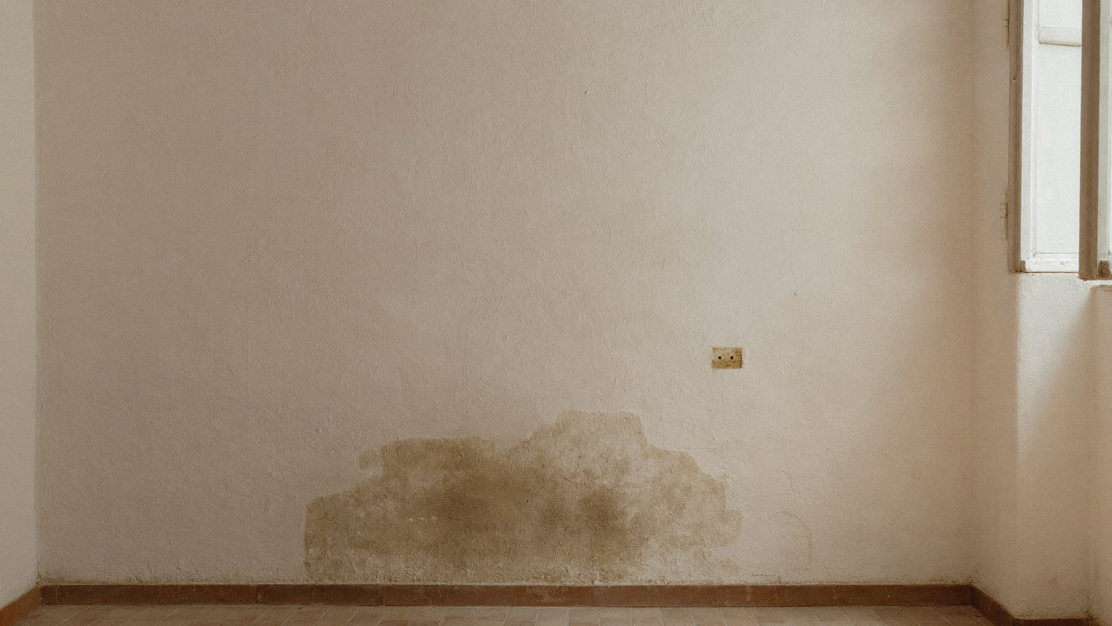 Pared de yeso clara con una mancha de humedad baja junto a una ventana, el punto de partida de la mayoría de dudas