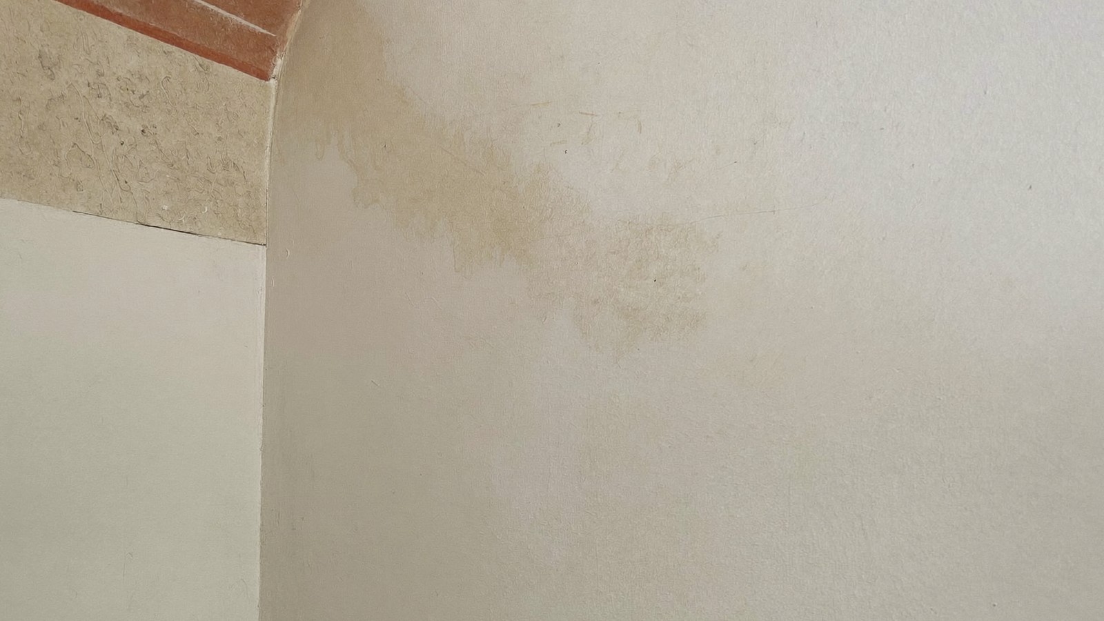 Pared interior pintada de blanco con una mancha de humedad difusa subiendo desde una esquina