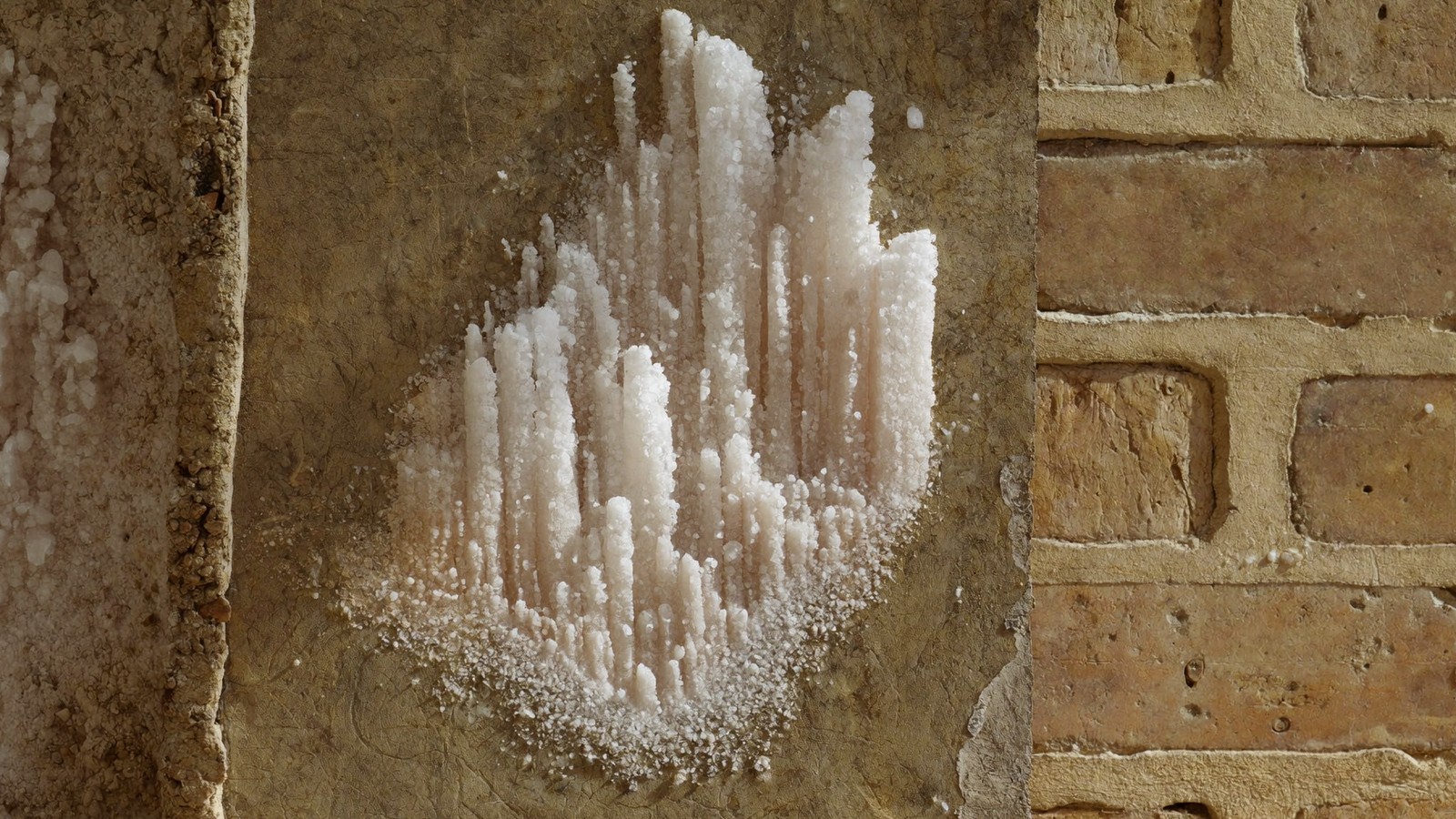 Cristales blancos de salitre floreciendo sobre ladrillo y revoco antiguos en primer plano